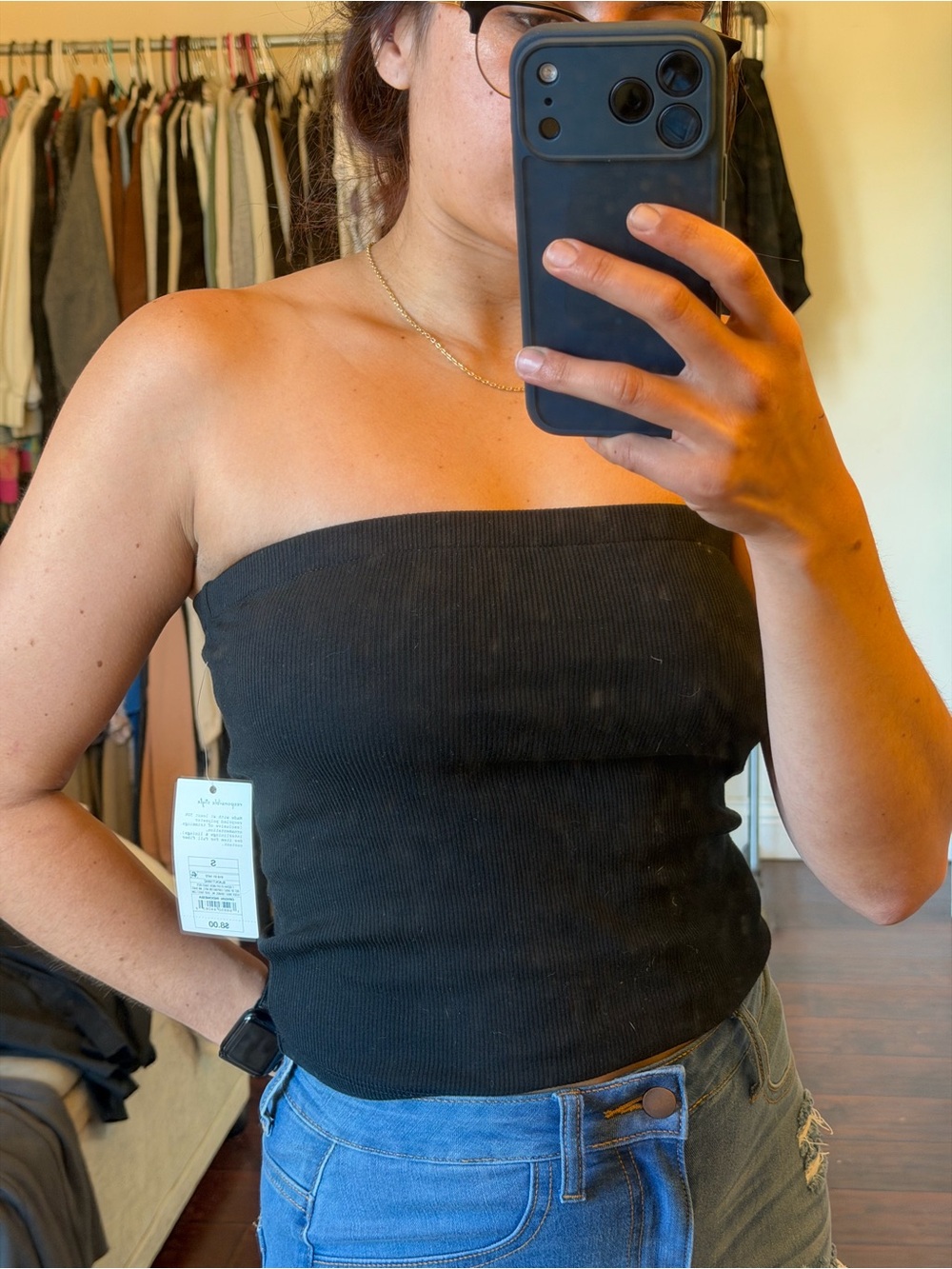 a new day Black Ribbed Strapless Tube Crop Top